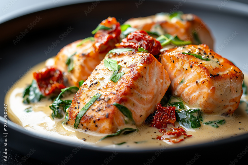 Delicious salmon fillets served in a creamy sauce with spinach and sun-dried tomatoes on a plate Delicious salmon fillets served in a creamy sauce with spinach and sun-dried tomatoes on a plate