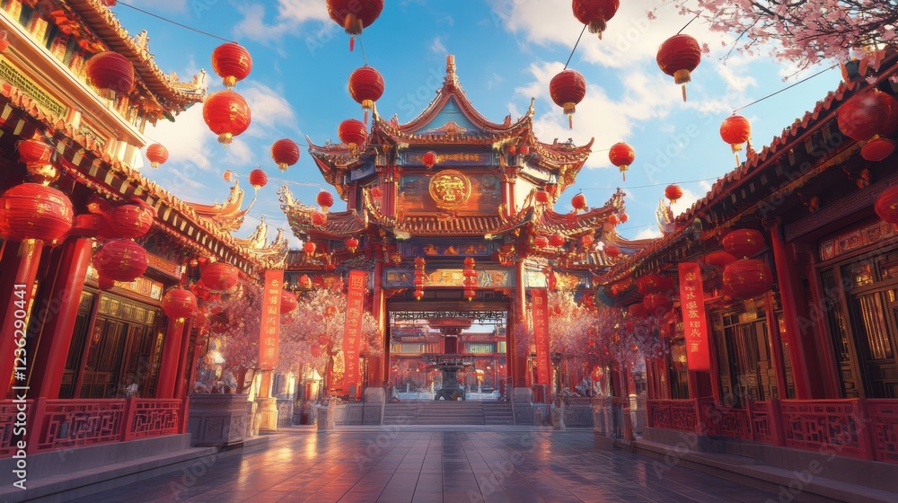 A grand Chinese temple decorated with lanterns and banners celebrating the arrival of the Lunar New Year A grand Chinese temple decorated with lanterns and banners celebrating the arrival of the Lunar New Year