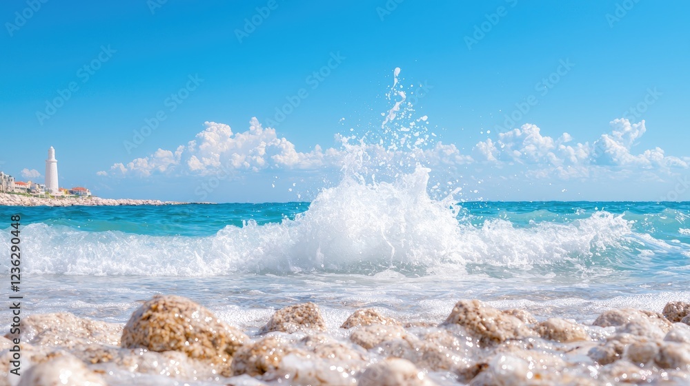 Obraz premium Coastal wave splash, lighthouse background, sunny day, travel