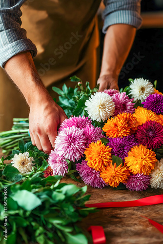 Wallpaper Mural Hands carefully position vibrant aster flowers alongside fresh greenery in a well-lit workspace. The florist creates a beautiful arrangement while preparing for an event Torontodigital.ca