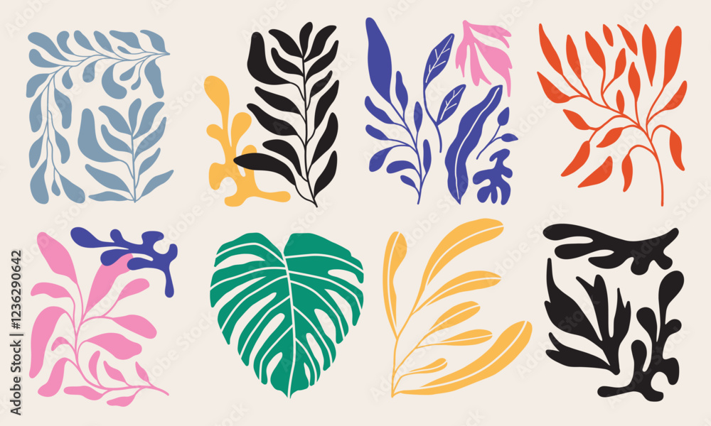 Fototapeta premium Collection of flowers and leaves. Abstract Cubism style vector illustration. Wildflowers and herbs isolated graphics.