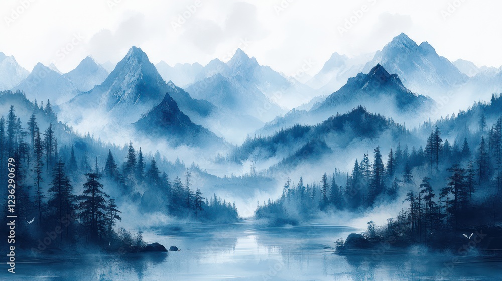 Obraz premium Misty mountain lake serene landscape, calm water, fog, forest, print
