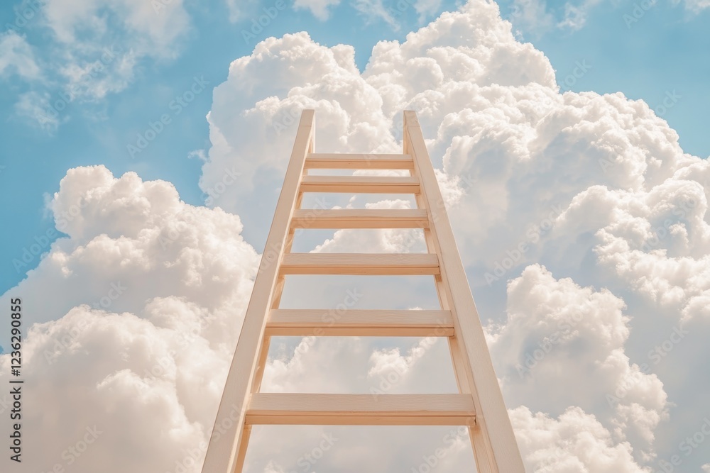 Climbing to the Clouds With a White Ladder Reaching Into the Surreal Sky Filled With Soft, Fluffy Clouds