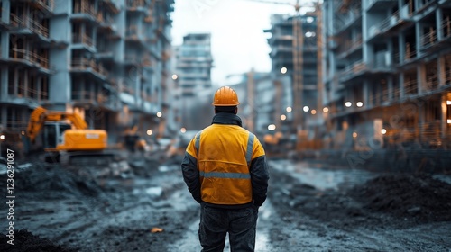 A young adult male worker in safety gear surveys an empty construction site photo