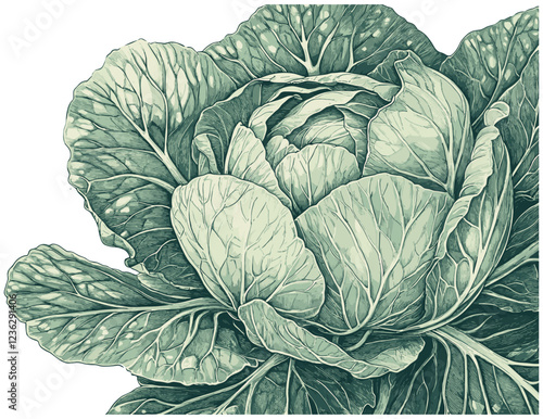 Soft green cabbage with detailed leaves, vintage 1960s engraving, intricate textures, retro botanical art, antique plant print, detailed foliage, aged cabbage design