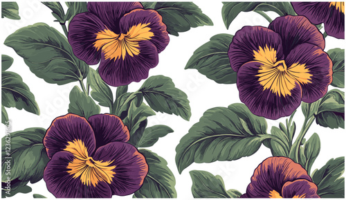 Wallpaper Mural 1960s Pansy flowers in deep purple and yellow, lush green leaves, nostalgic engraving style, retro flower print, vintage home decor, botanical art, floral design Torontodigital.ca