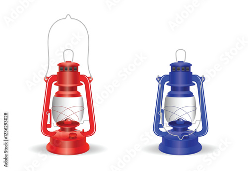 Set illustration of realistic Vintage Camping Lanterns Red and Blue isolated, for Outdoor and Emergency Use  