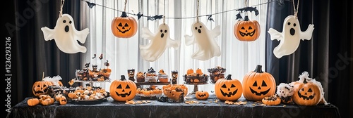 Halloween Costume Party spooky gathering with hanging ghosts, jack-o'-lanterns, and Halloween treats on a table