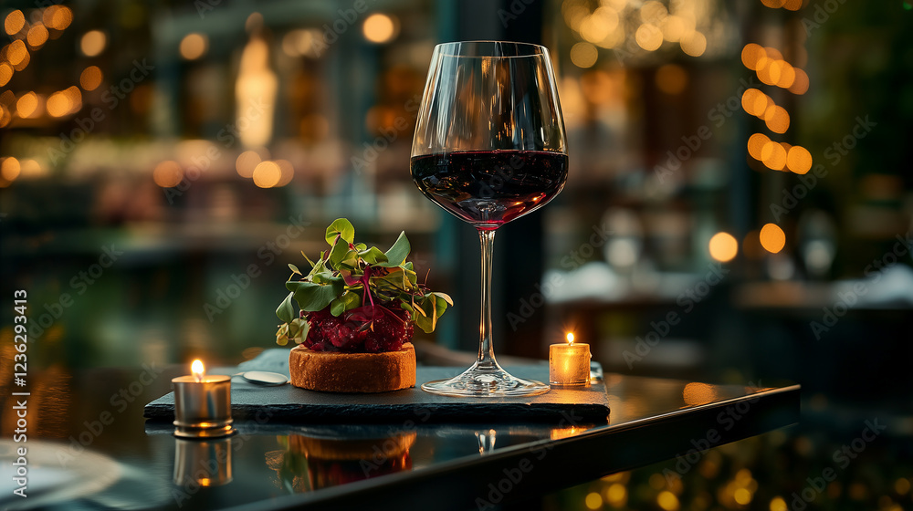 Elegant dining experience with red wine and gourmet dish in a softly lit restaurant setting