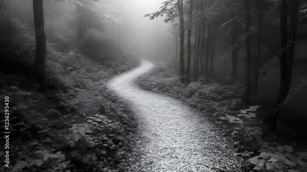A dark forest path with a foggy mist A dark forest path with a foggy mist
