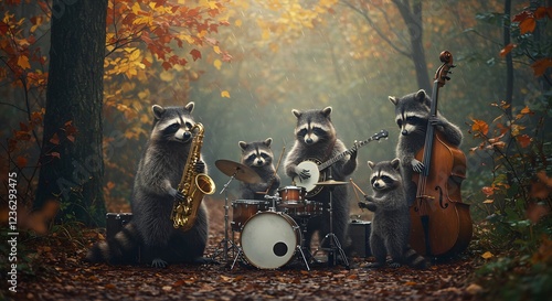 Raccoons Playing Jazz in Autumn Forest Rain photo