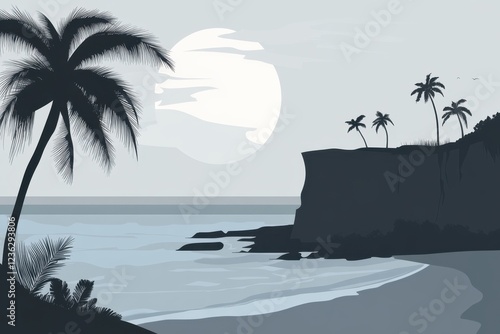 Tropical Beach Sunset with Silhouetted Palm Trees and Cliffside Scenery
