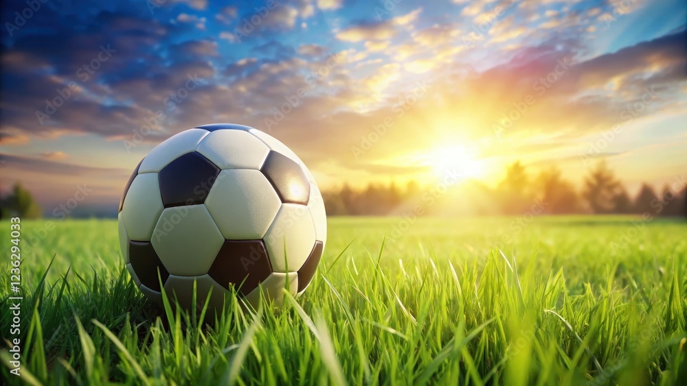 Obraz premium A soccer ball placed in the center of a lush green grass field with a few scattered blades of grass around it, creating a natural ambiance , game, outdoor