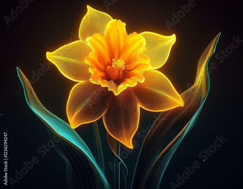 minimalist neon daffodil its yellow glow brightening a dark scene