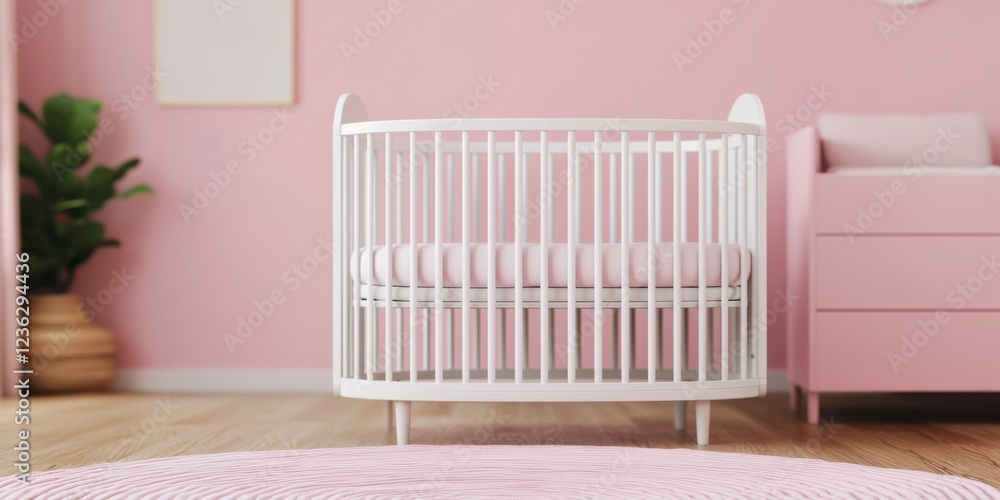 Stylish baby crib setup nursery room interior design pink environment close-up view comfort and safety Stylish baby crib setup nursery room interior design pink environment close-up view comfort and safety