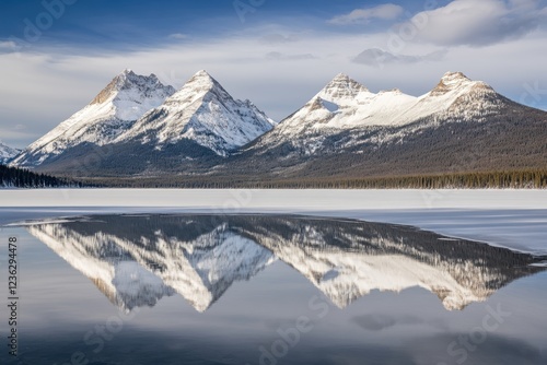 Majestic Snowy Mountain Range Reflected in Calm Lake Under Clear Sky