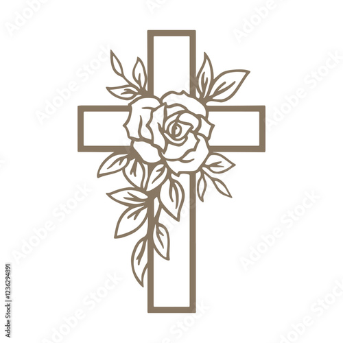 Floral cross symbol. Christian cross sign with a rose flower. Vector illustration