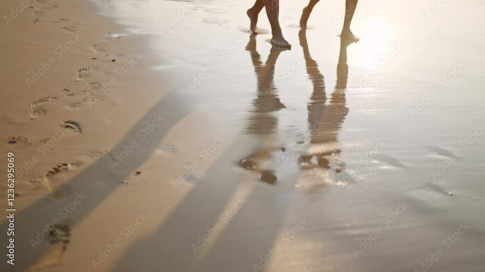 custom made wallpaper toronto digitalMan, woman feet walk barefoot in sea surf water edge. Reflection of couple with coconut cocktails on wet beach sand. Shadow of people legs going on ocean coastline waves on vacation.