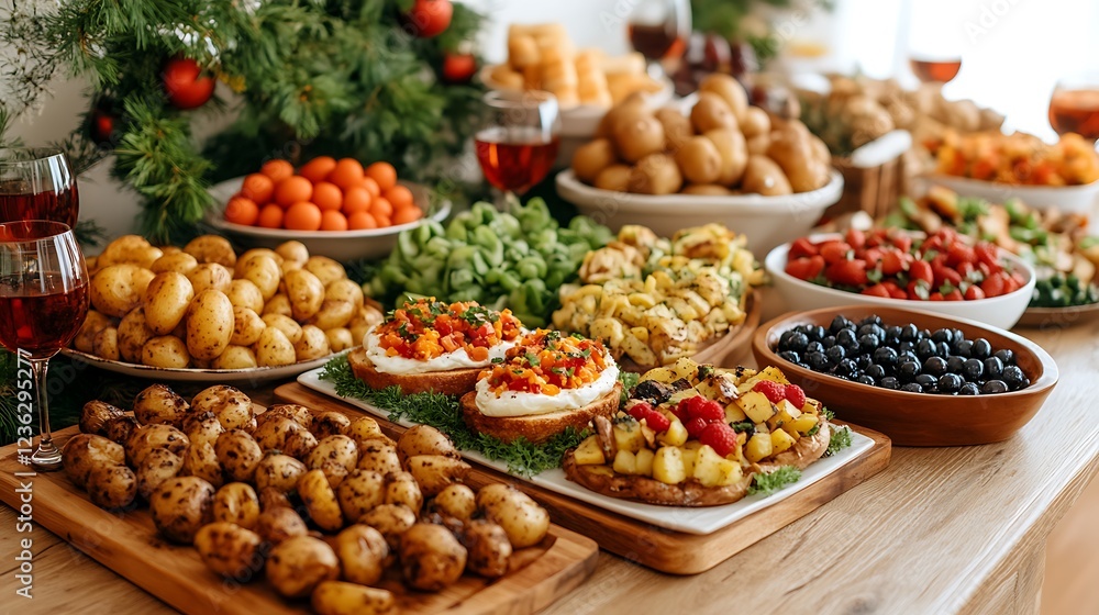 A rustic Easter breakfast table with eggs benedict, roasted potatoes, and a side of fresh fruit. A rustic Easter breakfast table with eggs benedict, roasted potatoes, and a side of fresh fruit.