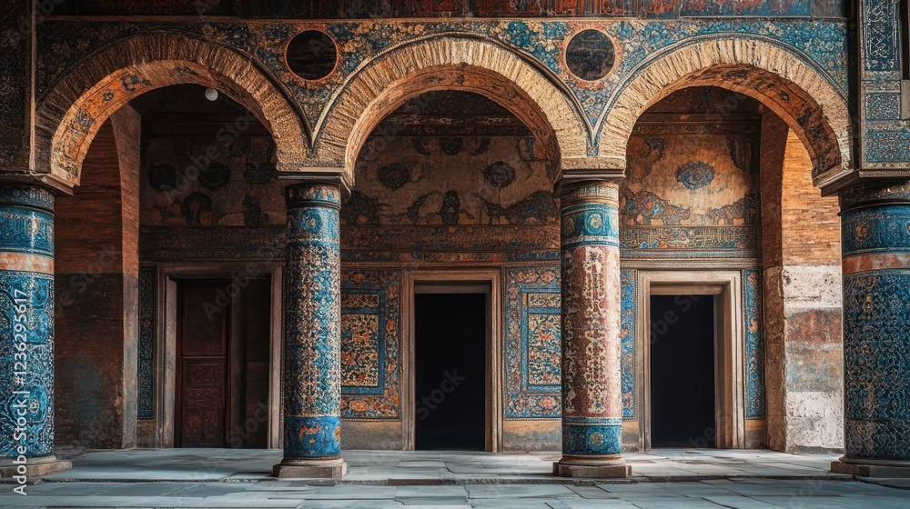 Obraz premium Palace interior, arched hallway, mosaic pillars, historical building, travel