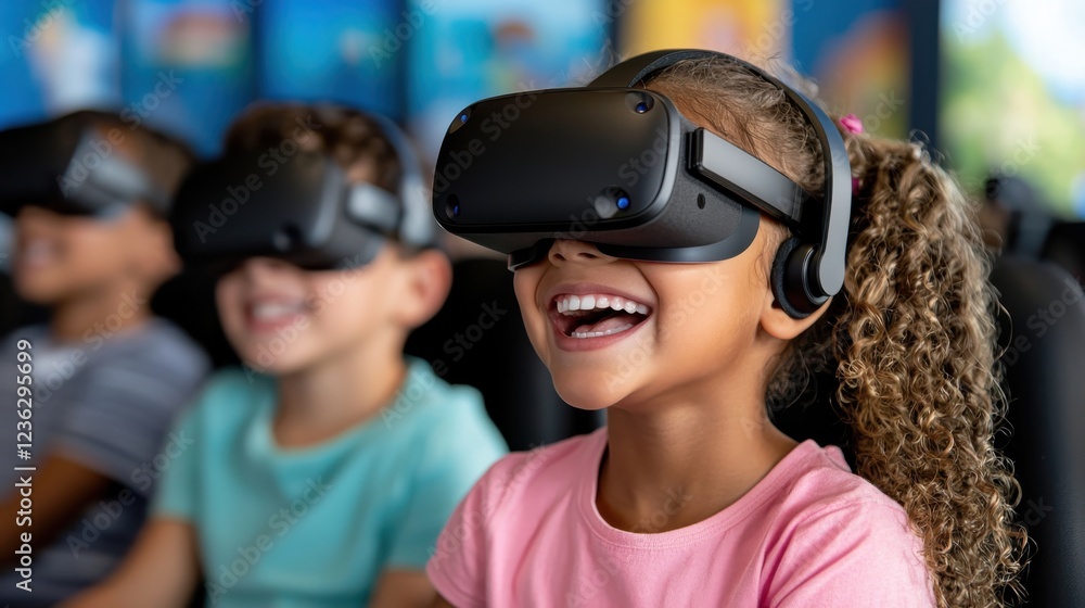 Group of Enthusiastic Children Wearing Virtual Reality Headsets and Exploring Interactive Digital Learning Experiences in a Classroom or Educational Environment Group of Enthusiastic Children Wearing Virtual Reality Headsets and Exploring Interactive Digital Learning Experiences in a Classroom or Educational Environment