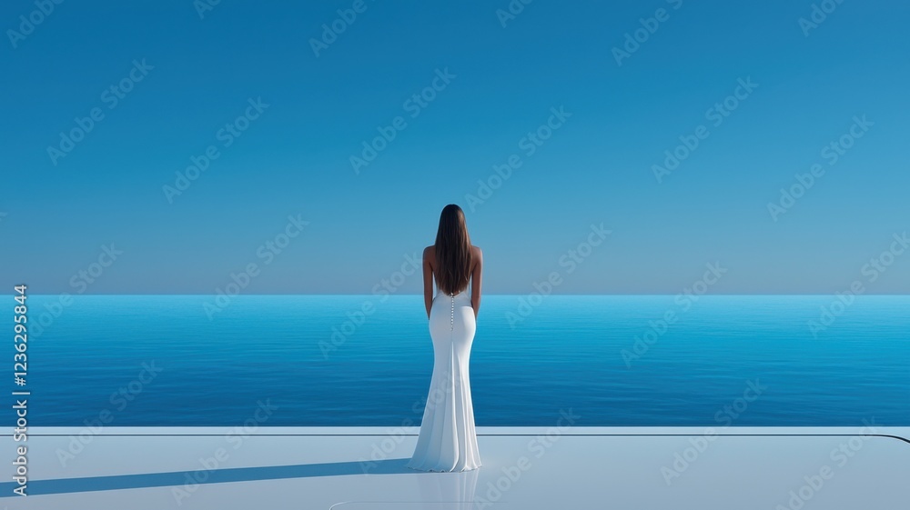 Serene reflection of a woman in white dress by the ocean infinity view tranquil environment peaceful concept Serene reflection of a woman in white dress by the ocean infinity view tranquil environment peaceful concept