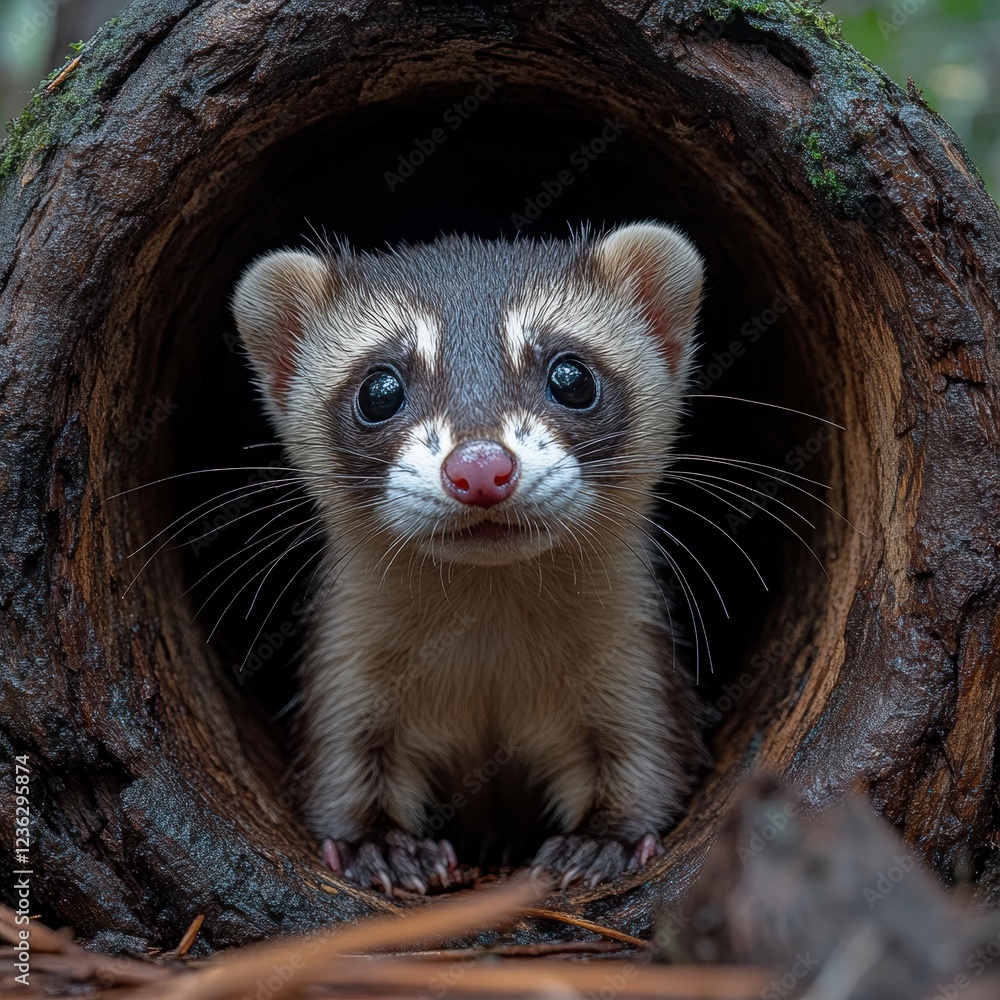 Curious ferret peeking from log, forest background, wildlife photo