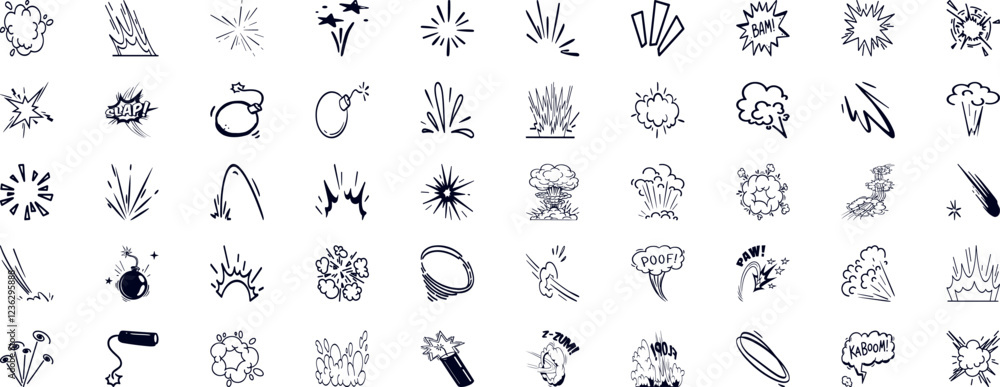 Obraz premium Comic bomb explosion. Cartoon brawl cloud with feet and legs. Speech explode bubbles, circle burst with bam, pow, boom, crash and bang for comic books. Vector set.
