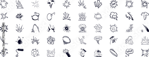 Comic bomb explosion. Cartoon brawl cloud with feet and legs. Speech explode bubbles, circle burst with bam, pow, boom, crash and bang for comic books. Vector set.