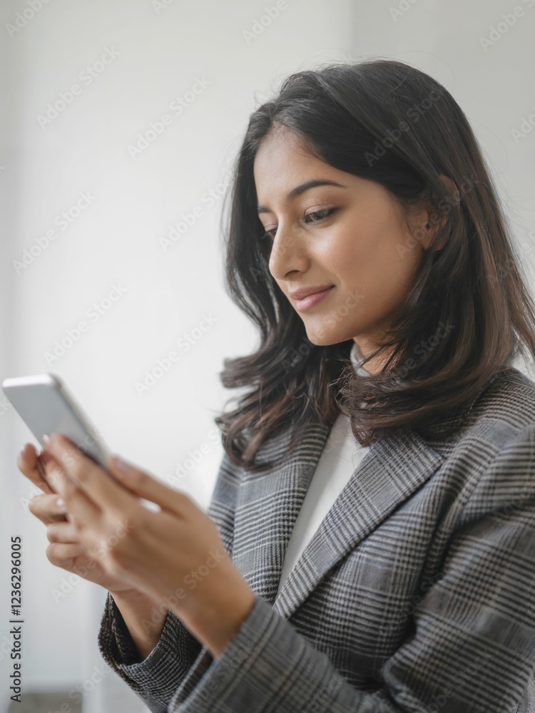 Young Indian Woman in Blazer Browsing Smartphone with a Smile Indoors Young Indian Woman in Blazer Browsing Smartphone with a Smile Indoors