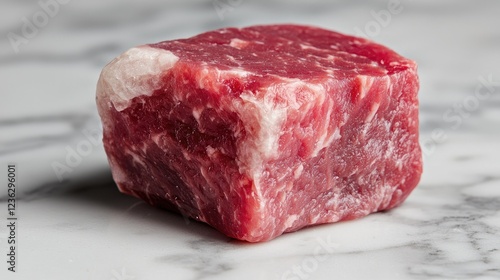 Raw beef cube, marble background, food photography, recipe