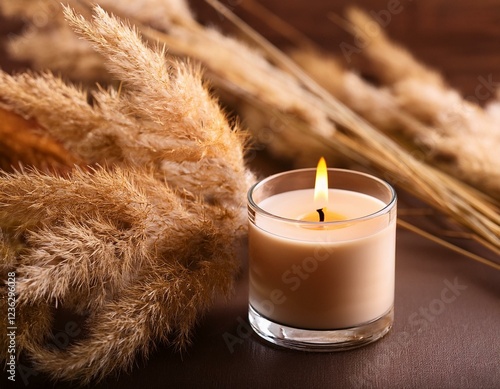 burning scented candle and dry reeds grass photo