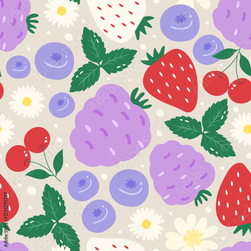 Hand drawn cute seamless pattern  fruits, Mulberry, blueberry, Strawberry, cherry, flower and leaf 