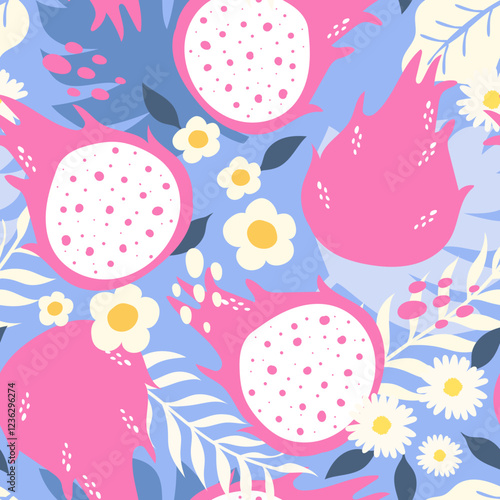 Seamless pattern dragon fruit and flower, floral on blue pastel background. vector illustration.
