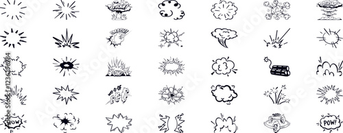 Comic bomb explosion. Cartoon brawl cloud with feet and legs. Speech explode bubbles, circle burst with bam, pow, boom, crash and bang for comic books. Vector set.