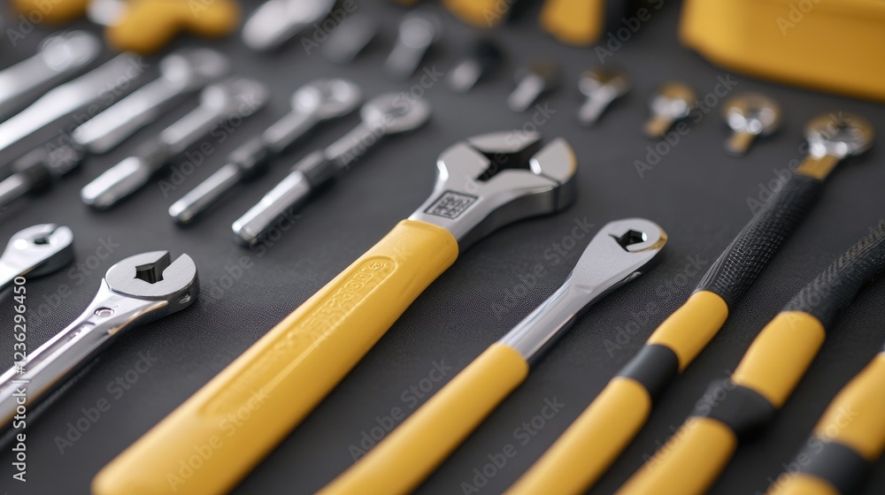 Fototapeta premium Yellow-handled wrench & tools on dark surface