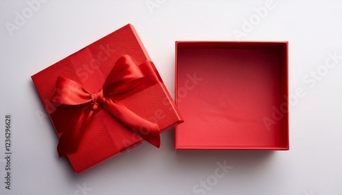 opened empty square red gift box with red ribbon on white background top view