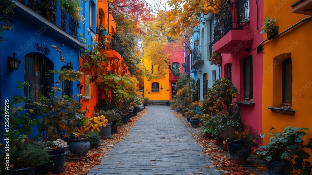 Fototapeta premium A colorful street with houses in various shades of blue, yellow, and red