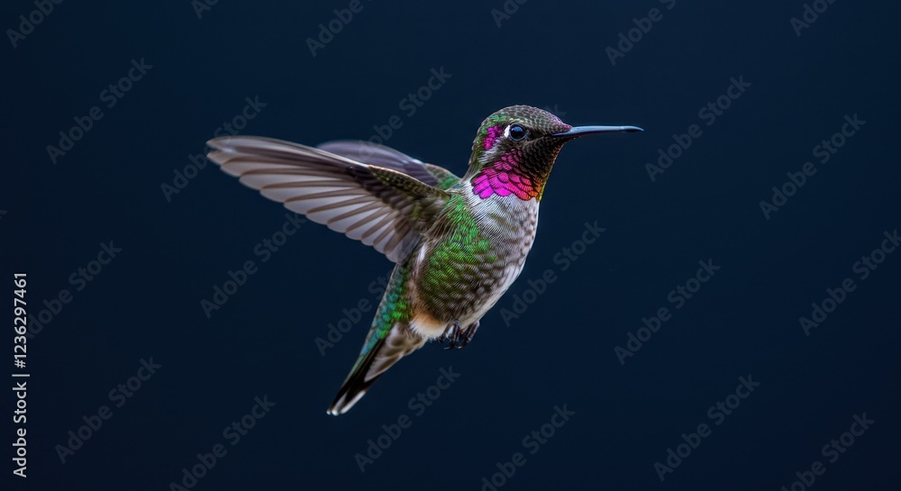 Stunning Photograph of a Hummingbird in Mid-Air with Vibrant Plumage and Dark Background for Wildlife Enthusiasts and Nature Lovers Stunning Photograph of a Hummingbird in Mid-Air with Vibrant Plumage and Dark Background for Wildlife Enthusiasts and Nature Lovers