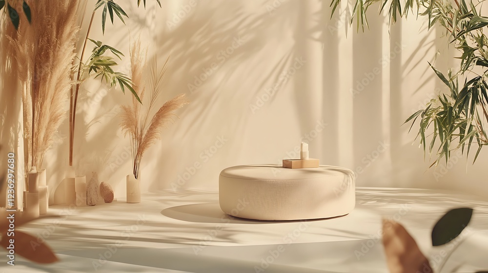 Beige ottoman with plants and candles in a sunlit room Beige ottoman with plants and candles in a sunlit room