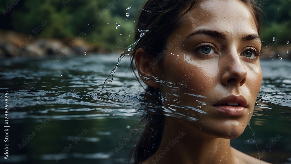 Fototapeta premium A double exposure of a person’s face overlaid with flowing rivers and streams, symbolizing the continuous flow of emotions and the journey of life.