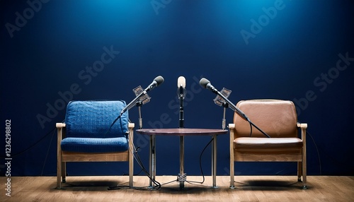 behind the scenes empty scene of two chairs and microphones stand in interview or podcast room isolated on dark navy background concept of silence after the hubbub intense preparation of the program photo