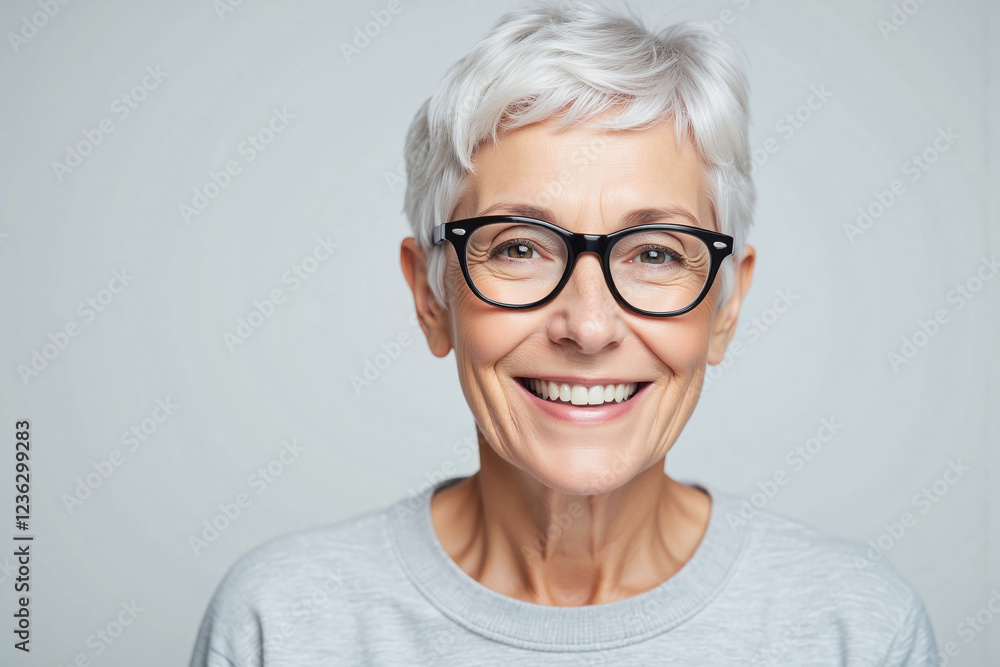 elderly woman with short silver hair warm inviting smile glasses