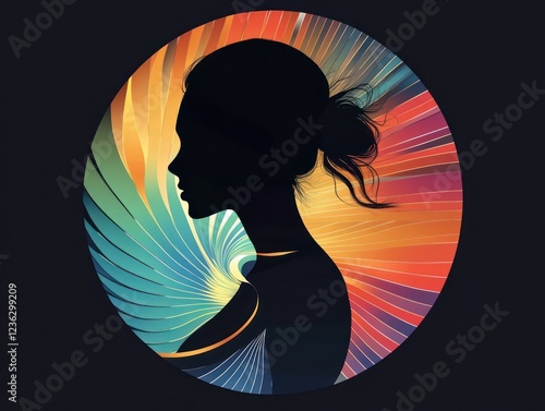 A striking portrayal of a female silhouette surrounded by vibrant swirling colors symbolizes femininity and empowerment. The minimalist design emphasizes women's beauty photo