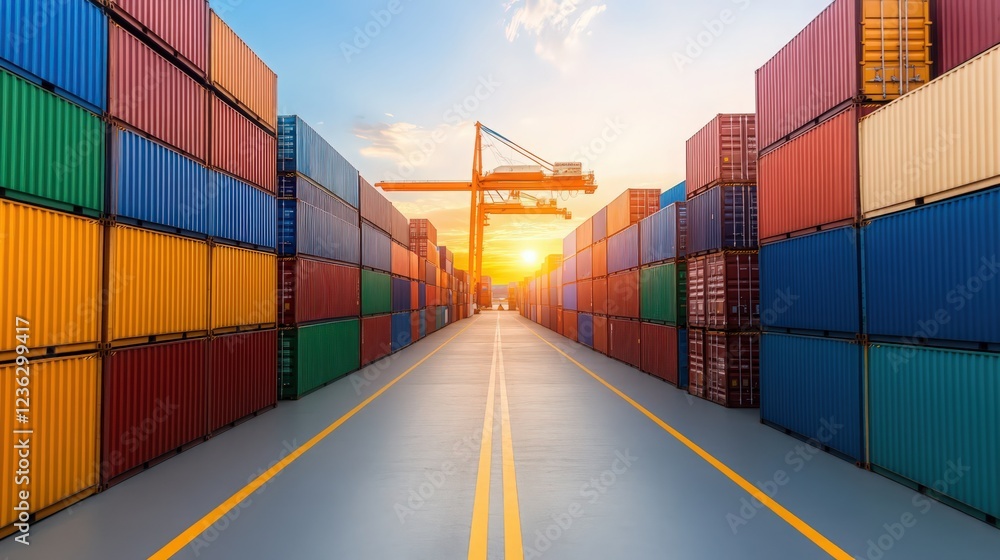Fototapeta premium A long road with many containers stacked on it