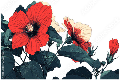 2005 Hibiscus with bright red flowers, dark green leaves, captured in a detailed and intricate sketchy engraving style