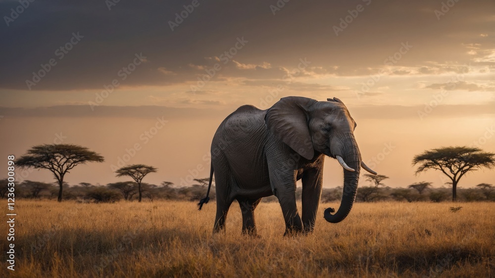 Naklejka premium African Elephant at Sunset in Savannah