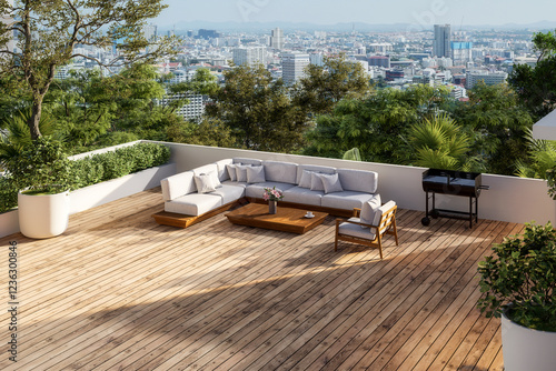 Foto Modern contemporary wooden rooftop terrace with city view background 3d render