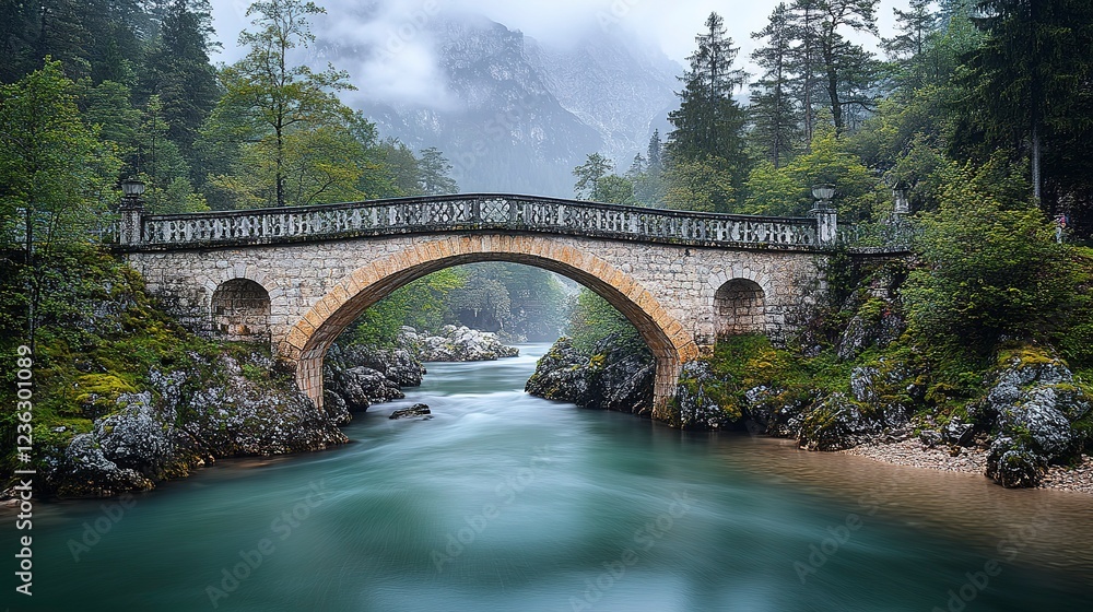 Stone arch bridge spans misty river valley Stone arch bridge spans misty river valley