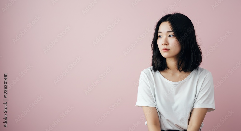 Portrait of a Thoughtful Woman in Casual Attire Against a Soft Pink Background, Perfect for Lifestyle and Fashion Blogs Portrait of a Thoughtful Woman in Casual Attire Against a Soft Pink Background, Perfect for Lifestyle and Fashion Blogs